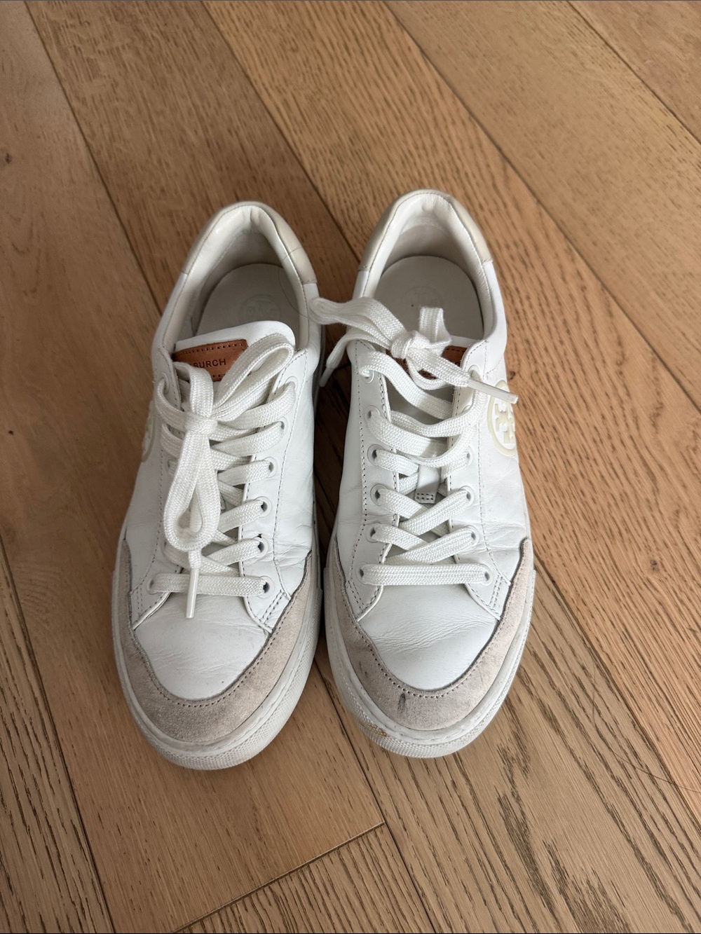 Tory Burch White and Beige Leather Athletic Sneakers